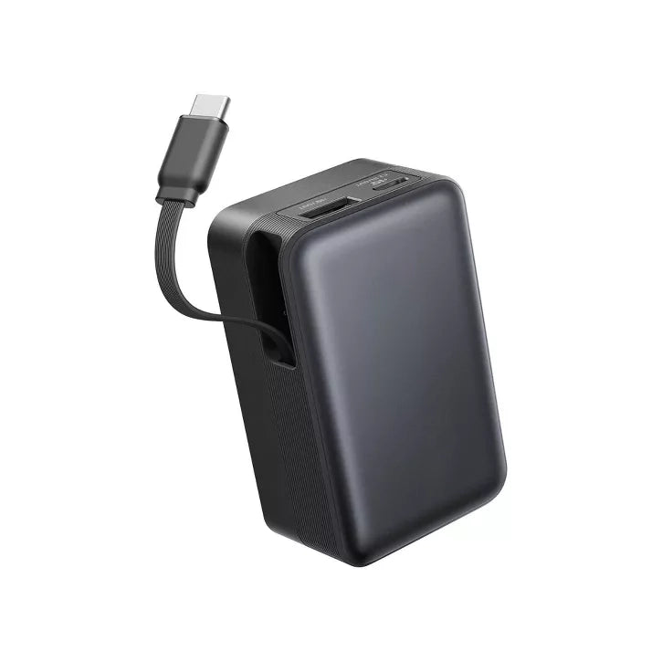 Slim Portable Power Bank with Integrated Flat USB-C Cable and Digital Percentage Display