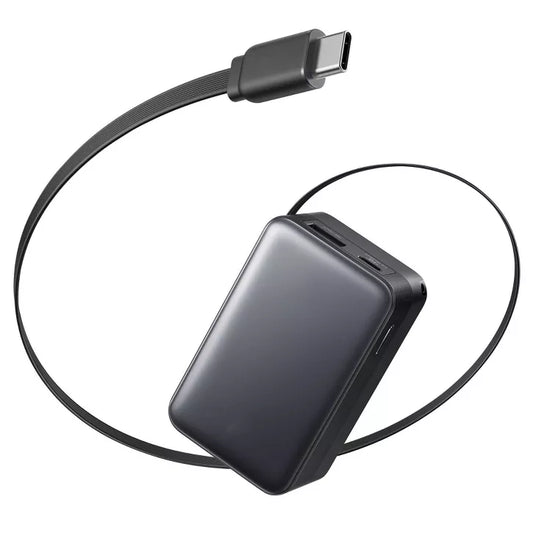 Slim Portable Power Bank with Integrated Flat USB-C Cable and Digital Percentage Display